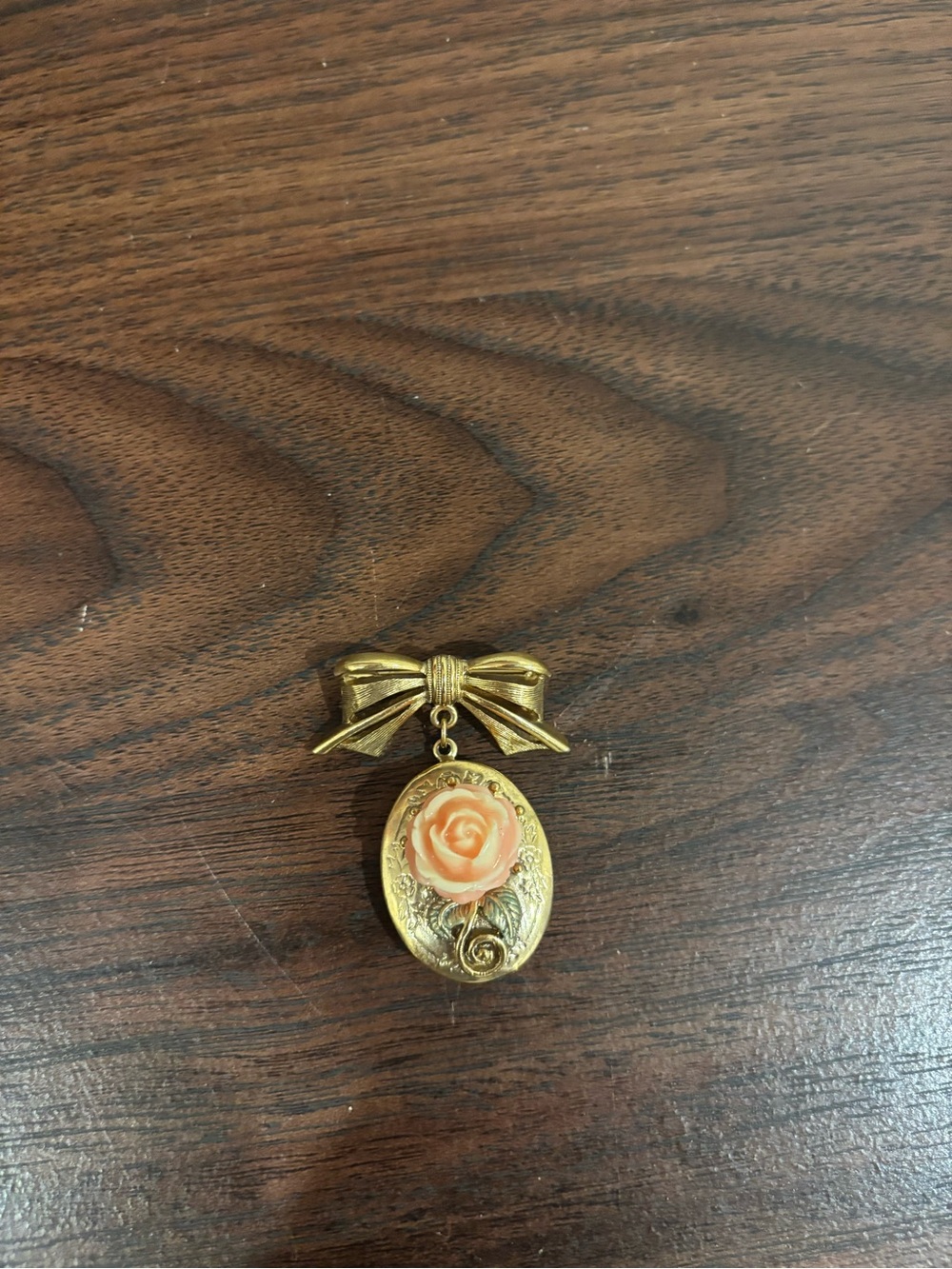1928 Jewelry Gold Tone Bow Pink Rose Dangle Locket Brooch